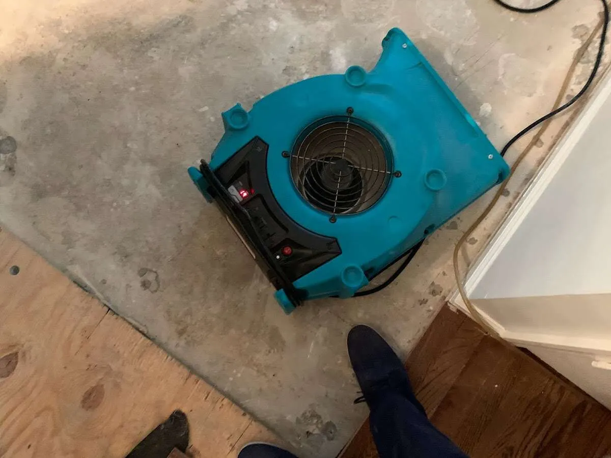 Air mover drying subfloor during Leak Detection & Repair in Baytown